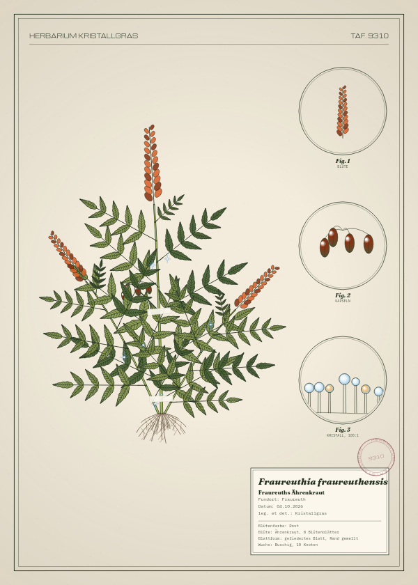 Botanische Tafel: Fraureuthia fraureuthensis, eine erfundene Pflanze aus Fraureuth, gezeichnet wie in einem alten Pflanzenatlas