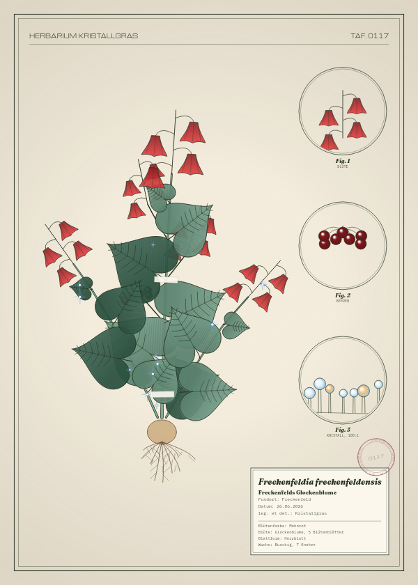Botanische Tafel: Freckenfeldia freckenfeldensis, eine erfundene Pflanze aus Freckenfeld, gezeichnet wie in einem alten Pflanzenatlas