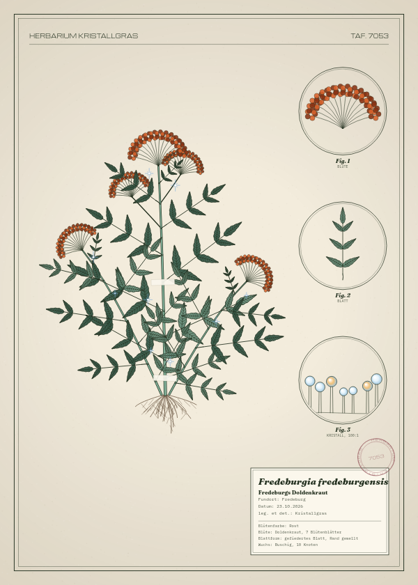 Botanische Tafel: Fredeburgia fredeburgensis, eine erfundene Pflanze aus Fredeburg, gezeichnet wie in einem alten Pflanzenatlas