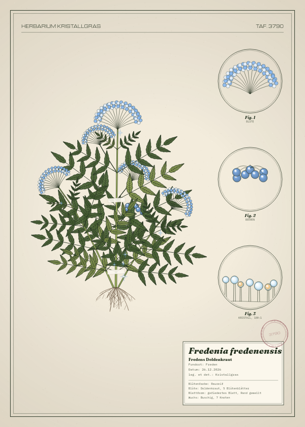 Botanische Tafel: Fredenia fredenensis, eine erfundene Pflanze aus Freden, gezeichnet wie in einem alten Pflanzenatlas