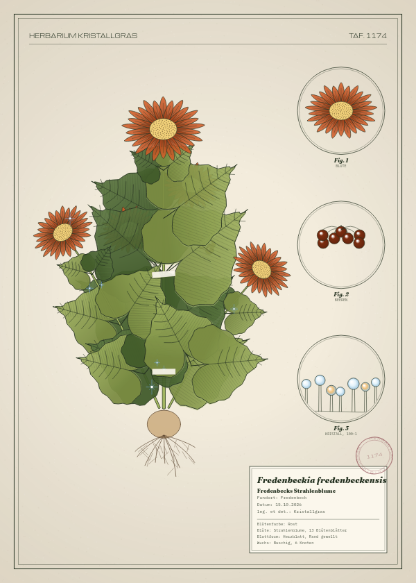Botanische Tafel: Fredenbeckia fredenbeckensis, eine erfundene Pflanze aus Fredenbeck, gezeichnet wie in einem alten Pflanzenatlas