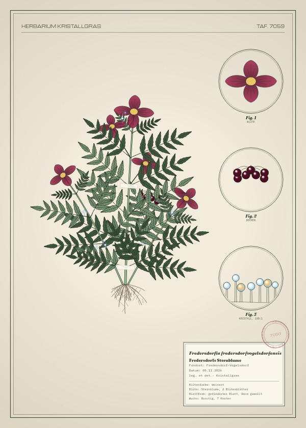 Botanische Tafel: Fredersdorfia fredersdorfvogelsdorfensis, eine erfundene Pflanze aus Fredersdorf-Vogelsdorf, gezeichnet wie in einem alten Pflanzenatlas