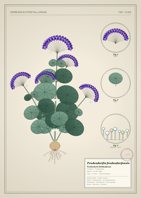 Botanische Tafel: Fredesdorfia fredesdorfensis, eine erfundene Pflanze aus Fredesdorf, gezeichnet wie in einem alten Pflanzenatlas