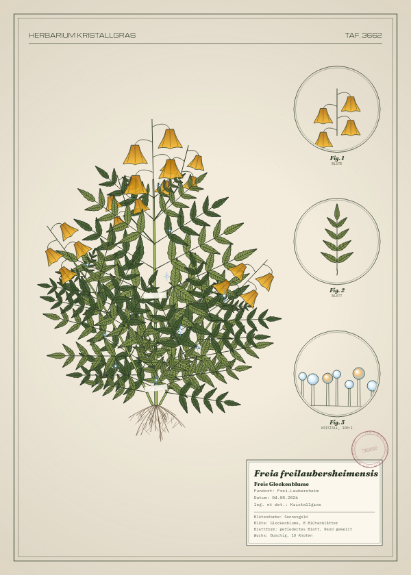 Botanische Tafel: Freia freilaubersheimensis, eine erfundene Pflanze aus Frei-Laubersheim, gezeichnet wie in einem alten Pflanzenatlas