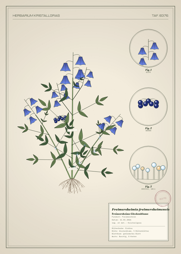 Botanische Tafel: Freimersheimia freimersheimensis, eine erfundene Pflanze aus Freimersheim, gezeichnet wie in einem alten Pflanzenatlas