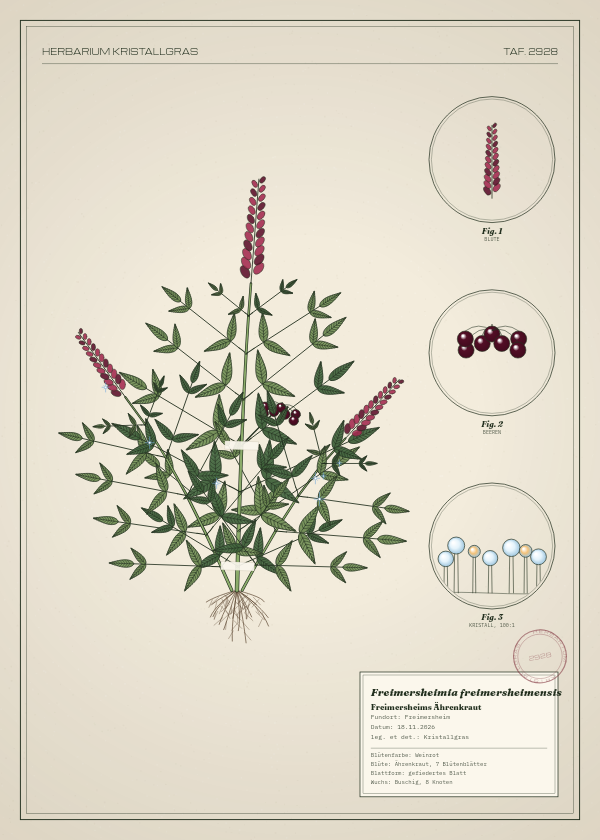 Botanische Tafel: Freimersheimia freimersheimensis, eine erfundene Pflanze aus Freimersheim, gezeichnet wie in einem alten Pflanzenatlas