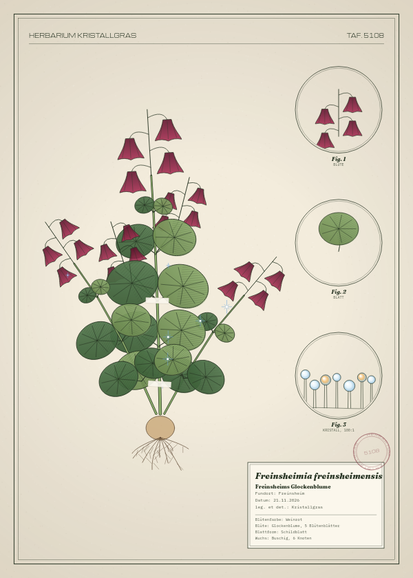 Botanische Tafel: Freinsheimia freinsheimensis, eine erfundene Pflanze aus Freinsheim, gezeichnet wie in einem alten Pflanzenatlas
