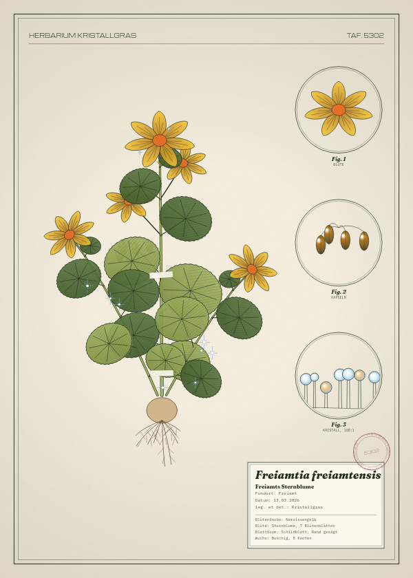Botanische Tafel: Freiamtia freiamtensis, eine erfundene Pflanze aus Freiamt, gezeichnet wie in einem alten Pflanzenatlas