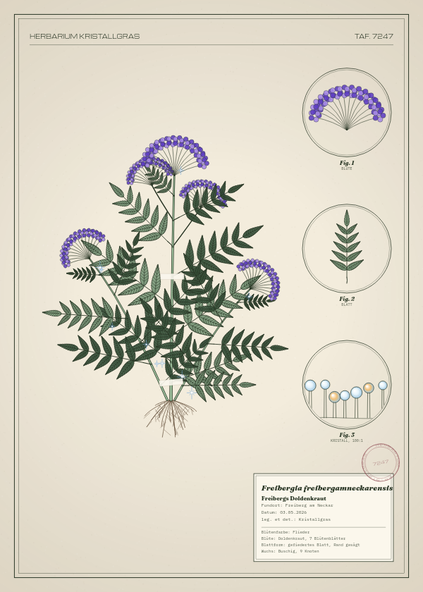 Botanische Tafel: Freibergia freibergamneckarensis, eine erfundene Pflanze aus Freiberg am Neckar, gezeichnet wie in einem alten Pflanzenatlas