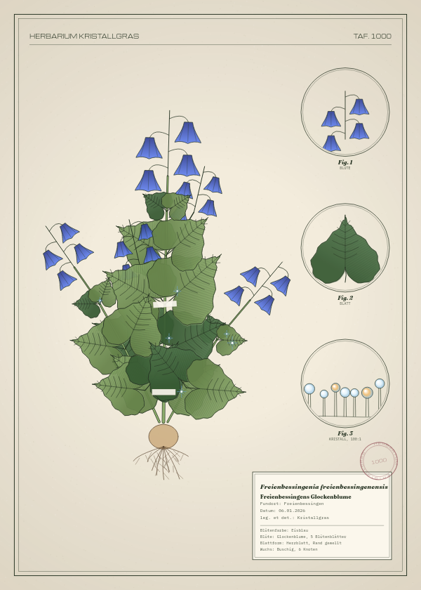 Botanische Tafel: Freienbessingenia freienbessingenensis, eine erfundene Pflanze aus Freienbessingen, gezeichnet wie in einem alten Pflanzenatlas