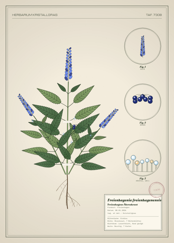 Botanische Tafel: Freienhagenia freienhagenensis, eine erfundene Pflanze aus Freienhagen, gezeichnet wie in einem alten Pflanzenatlas