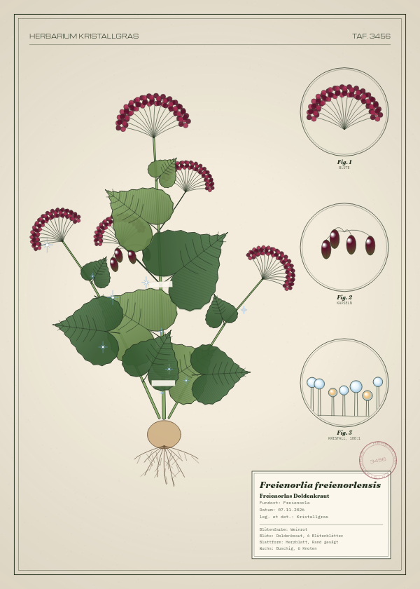 Botanische Tafel: Freienorlia freienorlensis, eine erfundene Pflanze aus Freienorla, gezeichnet wie in einem alten Pflanzenatlas