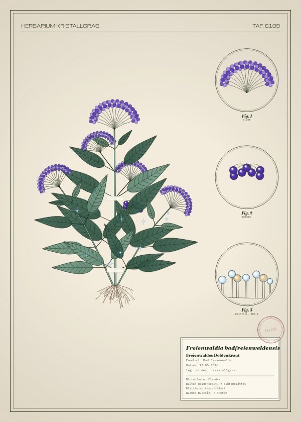 Botanische Tafel: Freienwaldia badfreienwaldensis, eine erfundene Pflanze aus Bad Freienwalde, gezeichnet wie in einem alten Pflanzenatlas