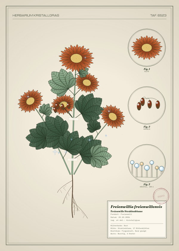 Botanische Tafel: Freienwillia freienwillensis, eine erfundene Pflanze aus Freienwill, gezeichnet wie in einem alten Pflanzenatlas