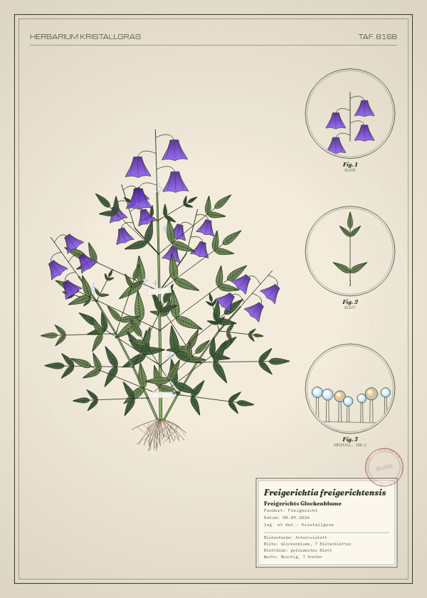 Botanische Tafel: Freigerichtia freigerichtensis, eine erfundene Pflanze aus Freigericht, gezeichnet wie in einem alten Pflanzenatlas