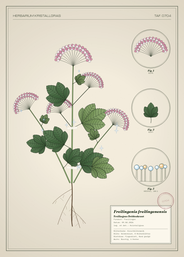 Botanische Tafel: Freilingenia freilingenensis, eine erfundene Pflanze aus Freilingen, gezeichnet wie in einem alten Pflanzenatlas