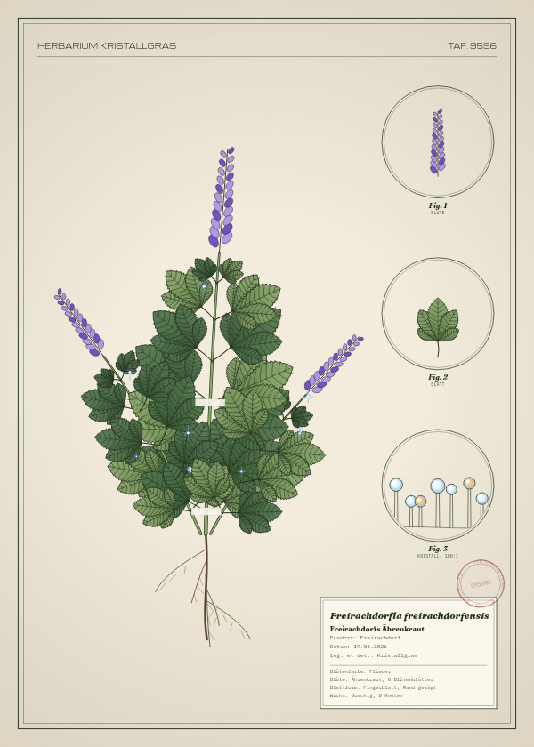 Botanische Tafel: Freirachdorfia freirachdorfensis, eine erfundene Pflanze aus Freirachdorf, gezeichnet wie in einem alten Pflanzenatlas