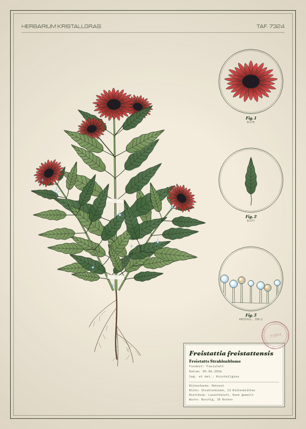 Botanische Tafel: Freistattia freistattensis, eine erfundene Pflanze aus Freistatt, gezeichnet wie in einem alten Pflanzenatlas