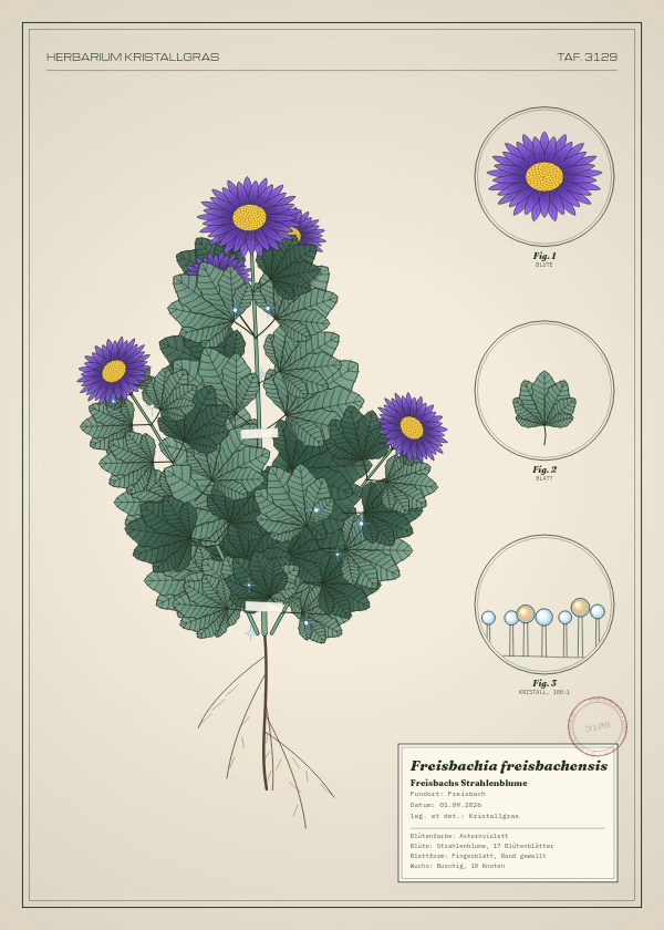 Botanische Tafel: Freisbachia freisbachensis, eine erfundene Pflanze aus Freisbach, gezeichnet wie in einem alten Pflanzenatlas