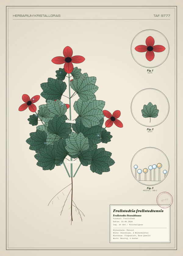 Botanische Tafel: Frellstedtia frellstedtensis, eine erfundene Pflanze aus Frellstedt, gezeichnet wie in einem alten Pflanzenatlas
