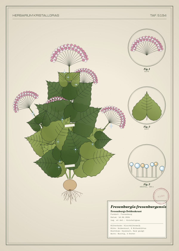 Botanische Tafel: Fresenburgia fresenburgensis, eine erfundene Pflanze aus Fresenburg, gezeichnet wie in einem alten Pflanzenatlas