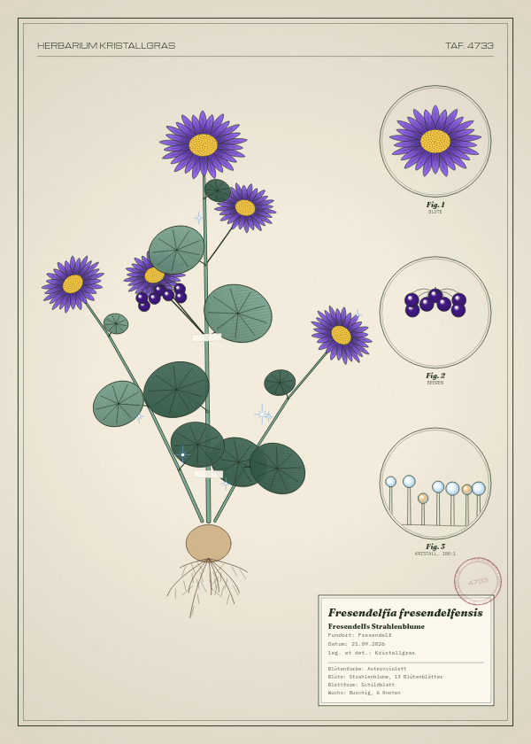 Botanische Tafel: Fresendelfia fresendelfensis, eine erfundene Pflanze aus Fresendelf, gezeichnet wie in einem alten Pflanzenatlas