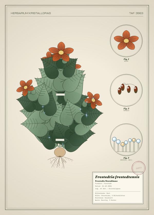 Botanische Tafel: Frestedtia frestedtensis, eine erfundene Pflanze aus Frestedt, gezeichnet wie in einem alten Pflanzenatlas
