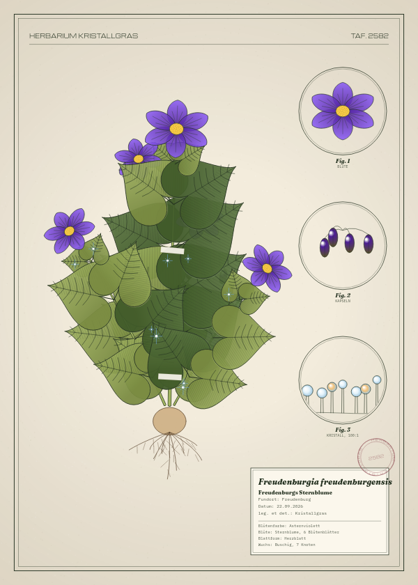 Botanische Tafel: Freudenburgia freudenburgensis, eine erfundene Pflanze aus Freudenburg, gezeichnet wie in einem alten Pflanzenatlas