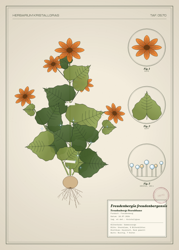 Botanische Tafel: Freudenbergia freudenbergensis, eine erfundene Pflanze aus Freudenberg, gezeichnet wie in einem alten Pflanzenatlas
