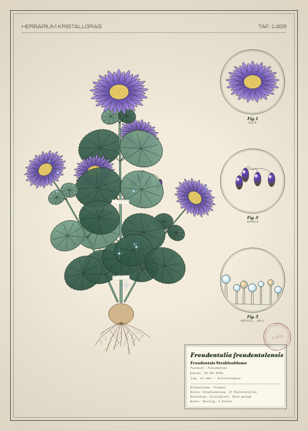 Botanische Tafel: Freudentalia freudentalensis, eine erfundene Pflanze aus Freudental, gezeichnet wie in einem alten Pflanzenatlas
