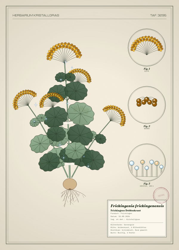 Botanische Tafel: Frickingenia frickingenensis, eine erfundene Pflanze aus Frickingen, gezeichnet wie in einem alten Pflanzenatlas