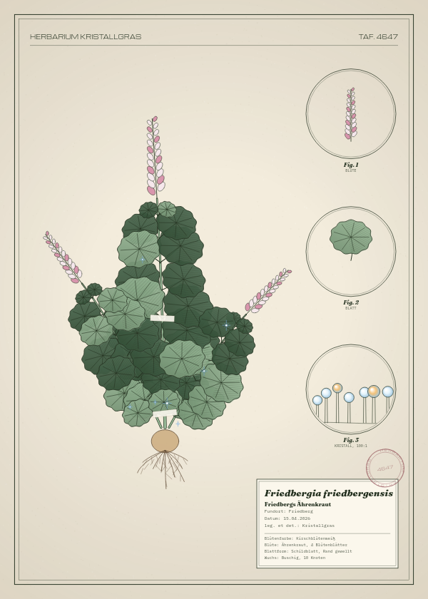 Botanische Tafel: Friedbergia friedbergensis, eine erfundene Pflanze aus Friedberg, gezeichnet wie in einem alten Pflanzenatlas