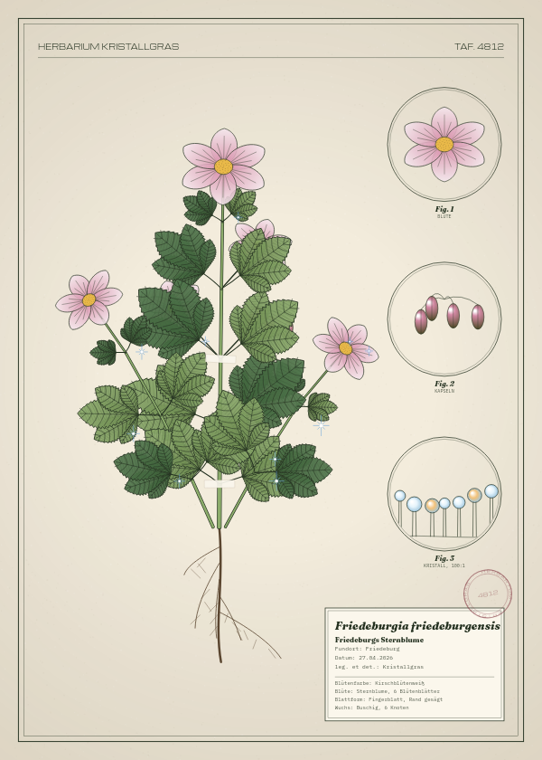 Botanische Tafel: Friedeburgia friedeburgensis, eine erfundene Pflanze aus Friedeburg, gezeichnet wie in einem alten Pflanzenatlas