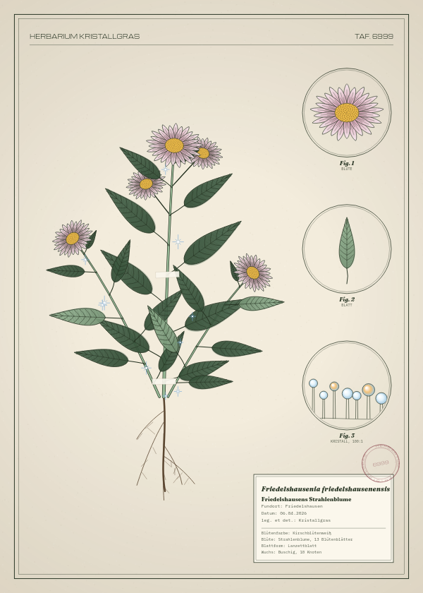 Botanische Tafel: Friedelshausenia friedelshausenensis, eine erfundene Pflanze aus Friedelshausen, gezeichnet wie in einem alten Pflanzenatlas