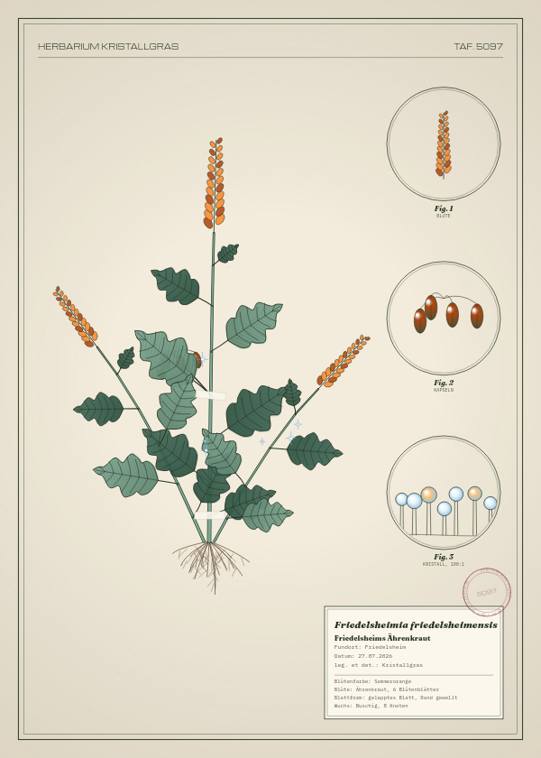 Botanische Tafel: Friedelsheimia friedelsheimensis, eine erfundene Pflanze aus Friedelsheim, gezeichnet wie in einem alten Pflanzenatlas