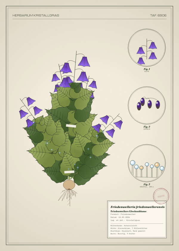 Botanische Tafel: Friedenweileria friedenweilerensis, eine erfundene Pflanze aus Friedenweiler, gezeichnet wie in einem alten Pflanzenatlas