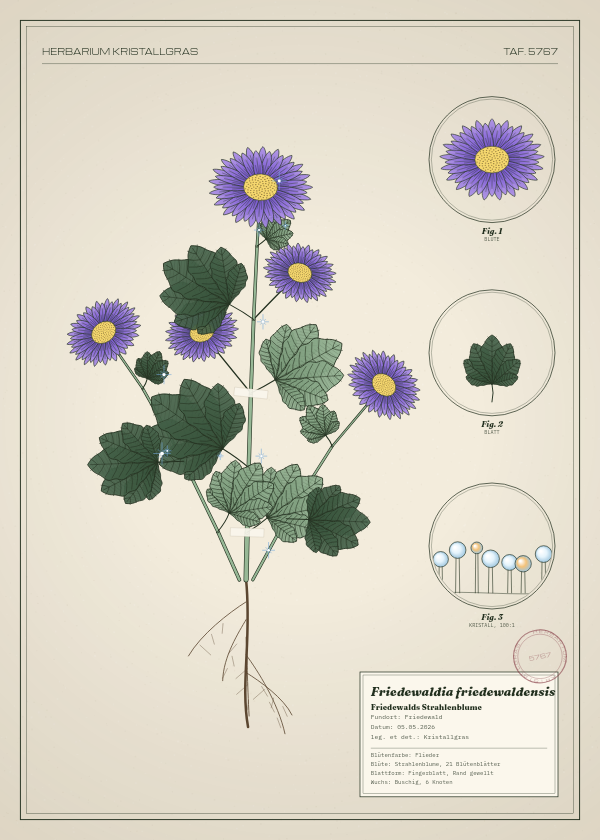 Botanische Tafel: Friedewaldia friedewaldensis, eine erfundene Pflanze aus Friedewald, gezeichnet wie in einem alten Pflanzenatlas