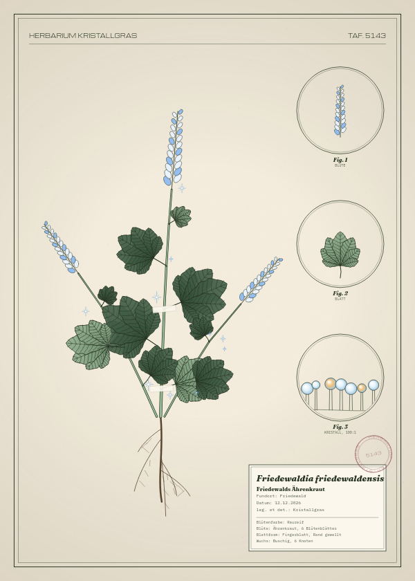 Botanische Tafel: Friedewaldia friedewaldensis, eine erfundene Pflanze aus Friedewald, gezeichnet wie in einem alten Pflanzenatlas
