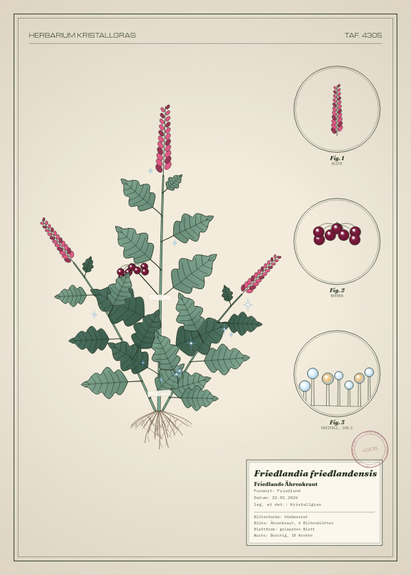 Botanische Tafel: Friedlandia friedlandensis, eine erfundene Pflanze aus Friedland, gezeichnet wie in einem alten Pflanzenatlas