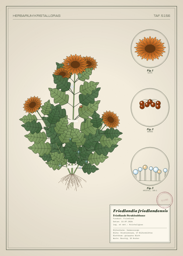 Botanische Tafel: Friedlandia friedlandensis, eine erfundene Pflanze aus Friedland, gezeichnet wie in einem alten Pflanzenatlas