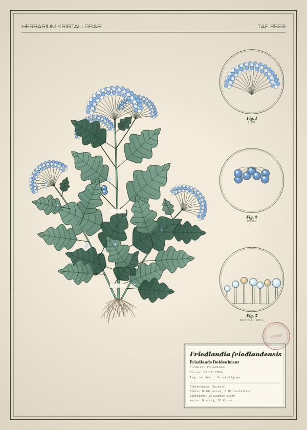 Botanische Tafel: Friedlandia friedlandensis, eine erfundene Pflanze aus Friedland, gezeichnet wie in einem alten Pflanzenatlas