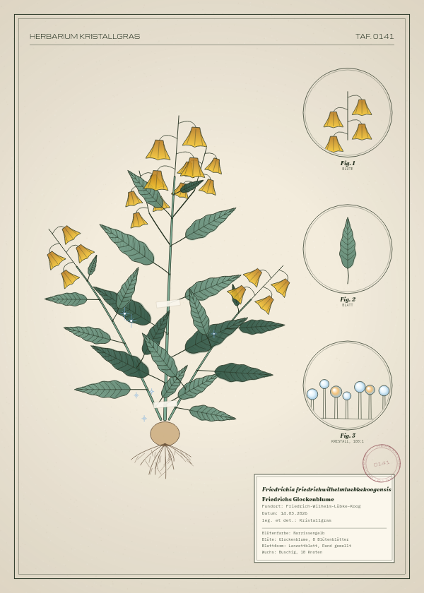 Botanische Tafel: Friedrichia friedrichwilhelmluebkekoogensis, eine erfundene Pflanze aus Friedrich-Wilhelm-Lübke-Koog, gezeichnet wie in einem alten Pflanzenatlas