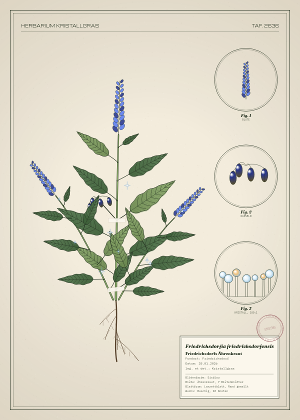 Botanische Tafel: Friedrichsdorfia friedrichsdorfensis, eine erfundene Pflanze aus Friedrichsdorf, gezeichnet wie in einem alten Pflanzenatlas