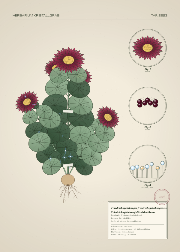 Botanische Tafel: Friedrichsgabekoogia friedrichsgabekoogensis, eine erfundene Pflanze aus Friedrichsgabekoog, gezeichnet wie in einem alten Pflanzenatlas