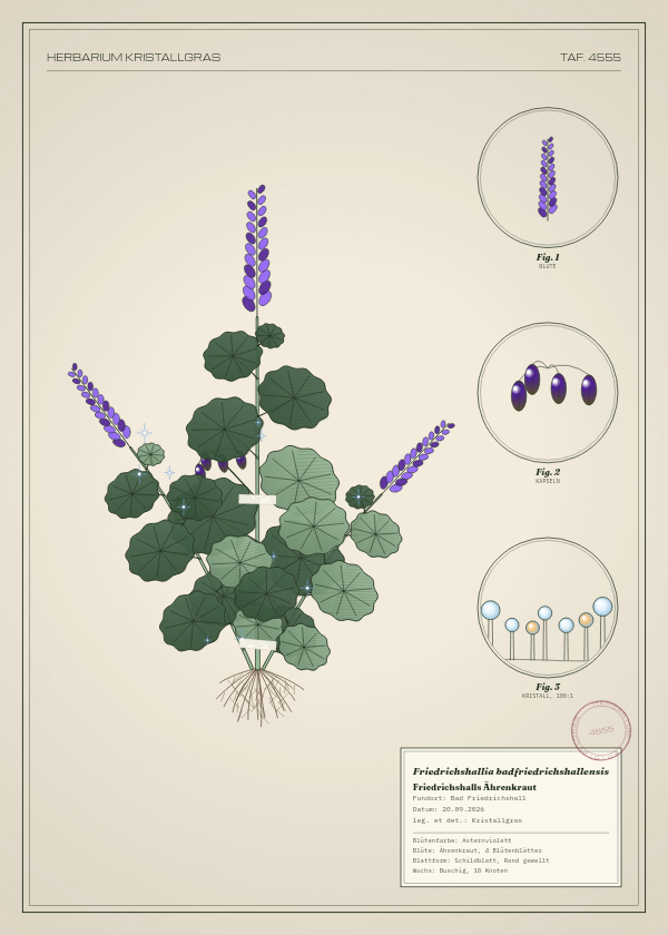 Botanische Tafel: Friedrichshallia badfriedrichshallensis, eine erfundene Pflanze aus Bad Friedrichshall, gezeichnet wie in einem alten Pflanzenatlas