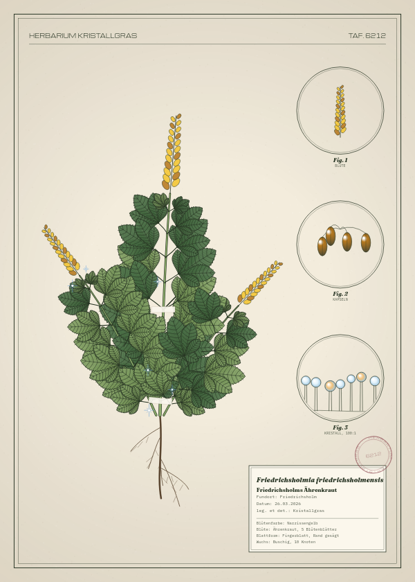 Botanische Tafel: Friedrichsholmia friedrichsholmensis, eine erfundene Pflanze aus Friedrichsholm, gezeichnet wie in einem alten Pflanzenatlas