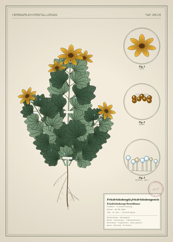 Botanische Tafel: Friedrichskoogia friedrichskoogensis, eine erfundene Pflanze aus Friedrichskoog, gezeichnet wie in einem alten Pflanzenatlas