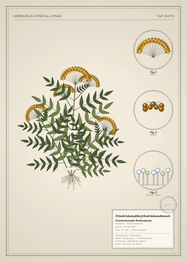 Botanische Tafel: Friedrichstadtia friedrichstadtensis, eine erfundene Pflanze aus Friedrichstadt, gezeichnet wie in einem alten Pflanzenatlas
