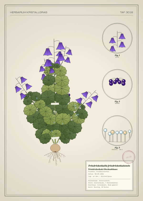 Botanische Tafel: Friedrichsthalia friedrichsthalensis, eine erfundene Pflanze aus Friedrichsthal, gezeichnet wie in einem alten Pflanzenatlas