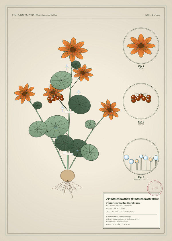 Botanische Tafel: Friedrichswaldia friedrichswaldensis, eine erfundene Pflanze aus Friedrichswalde, gezeichnet wie in einem alten Pflanzenatlas